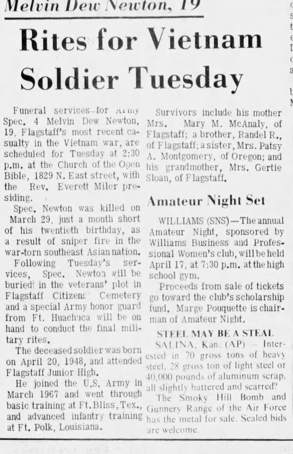 Obituary for Melvin Dew Newton (Aged 19)